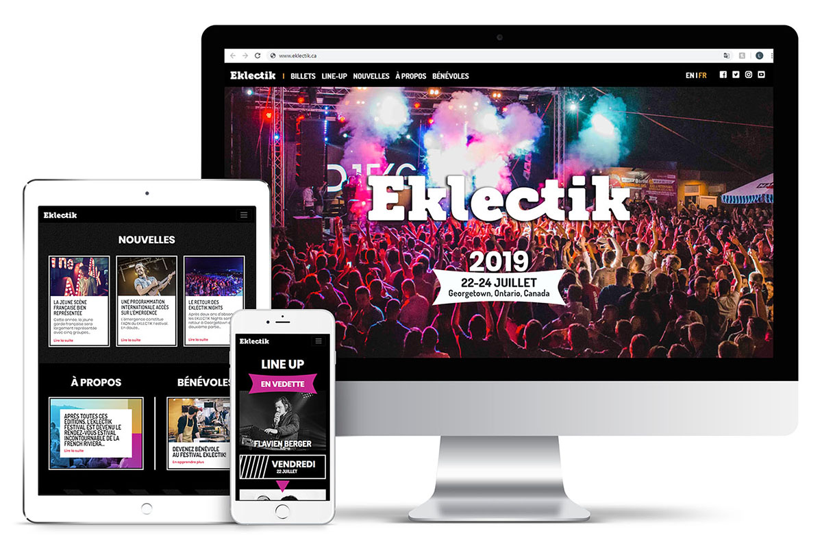 Picture of the Eklectik Festival website on desktop, tablet and mobile