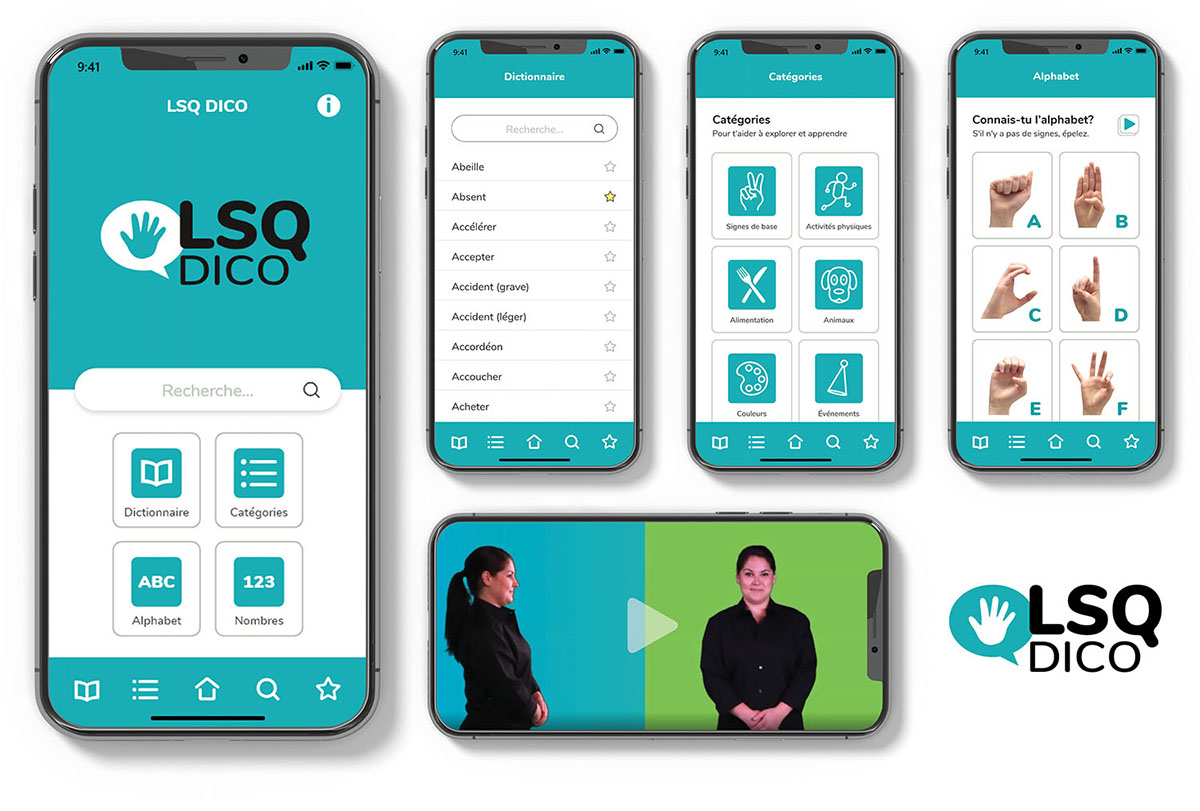 Picture of the LSQ Dico logo and various app screens
