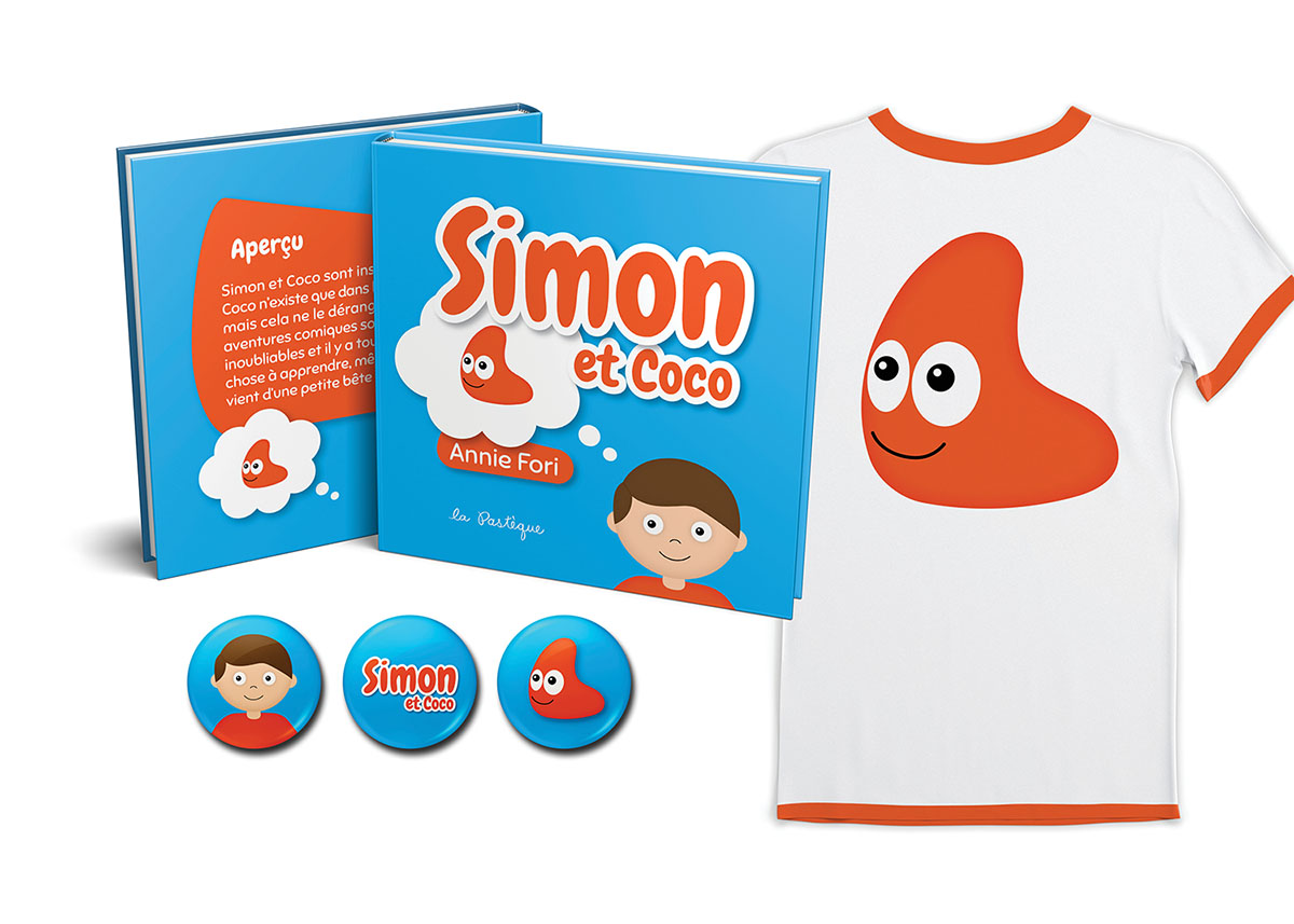 Picture of the Simon et Coco book, as well as a branded t-shirt and set of three enamel pins