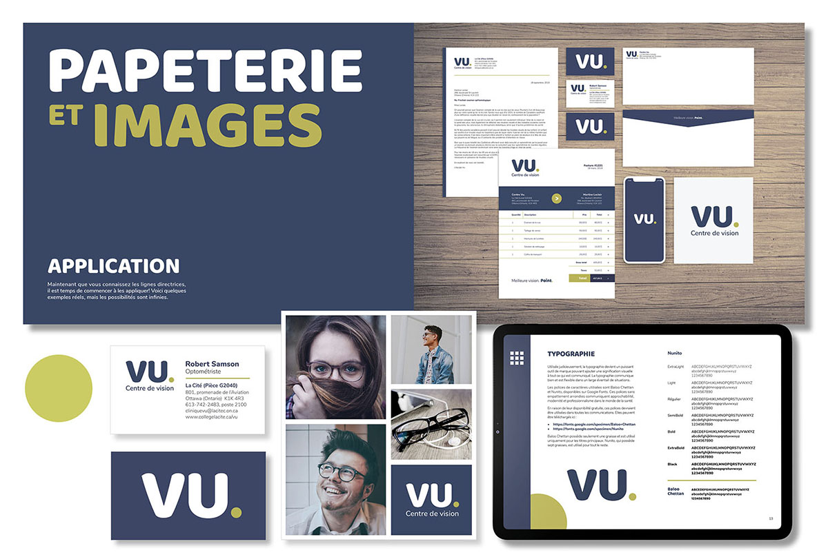 Picture of the Vu. Vision Centre brandbook and business stationary, including letterhead, invoice, envelope and business card